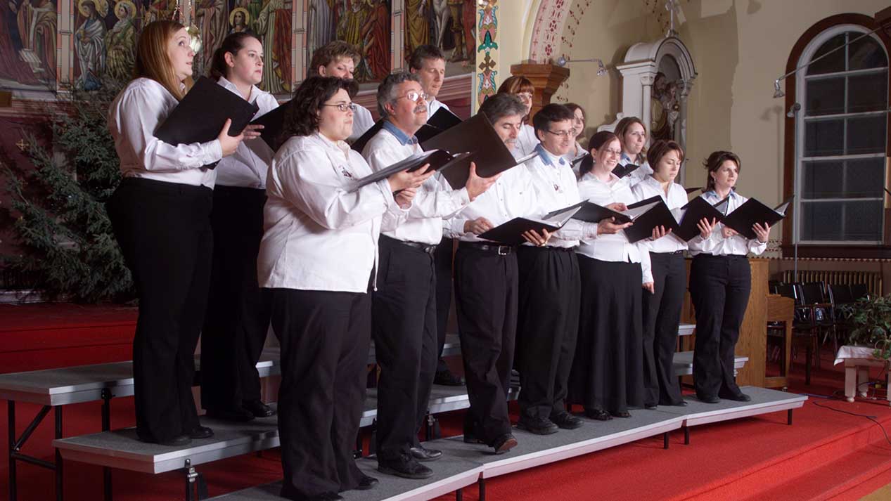 Adult church choir on standing risers