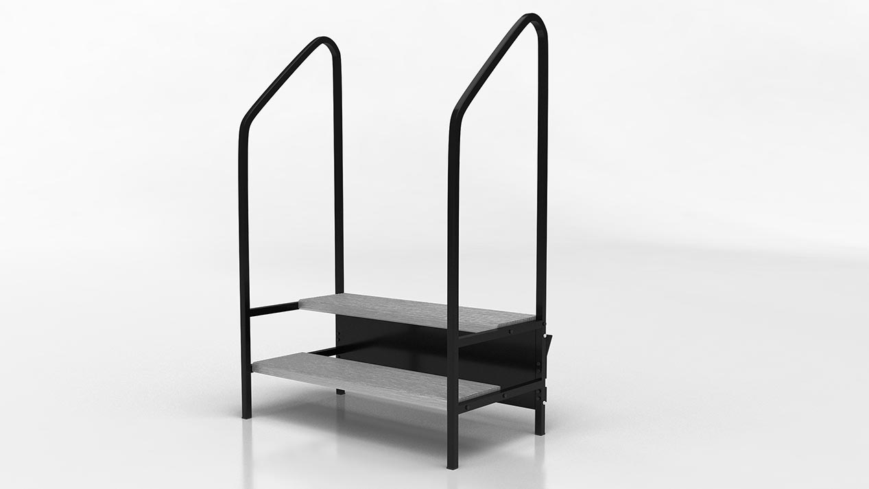 two step stairway with rails for stages and risers